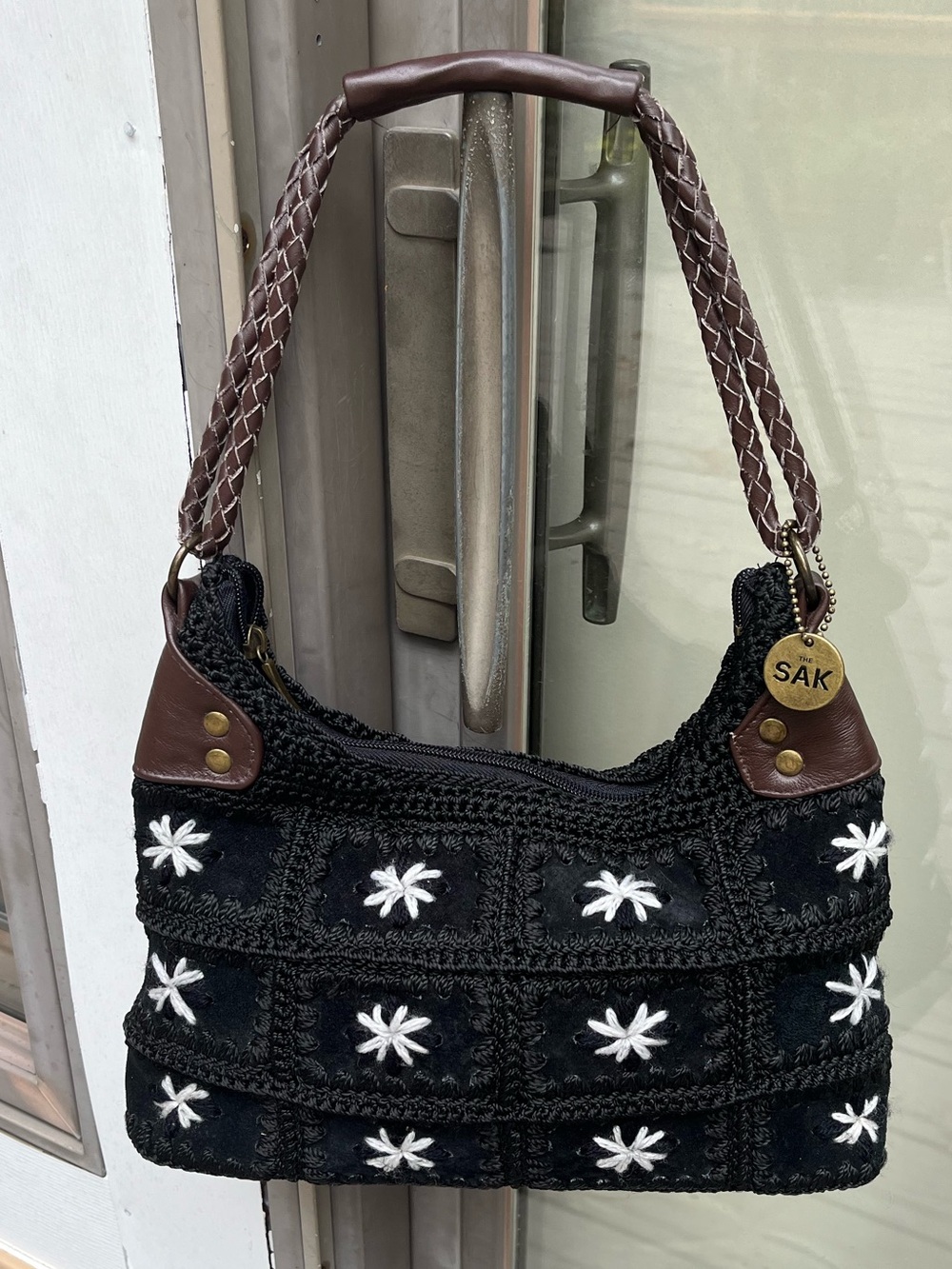 The Sak Black Suede Shoulder Bag with White Star Embroidery